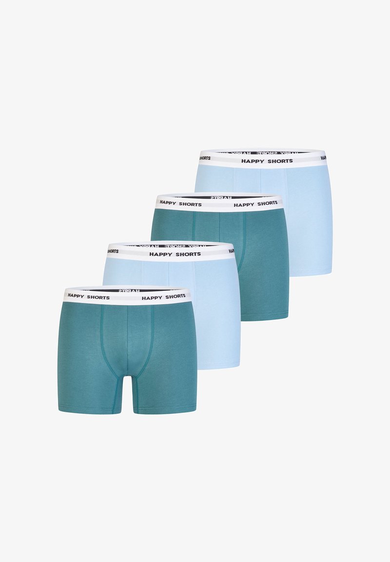Čtyři páry bavlněných boxerek: jeden teal a tři světle modré, každý s bílým pásem označeným "HAPPY SHORTS". Měkká, elastická tkanina.