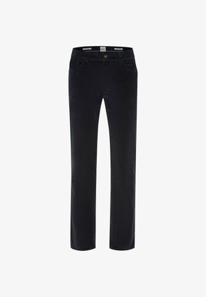 Zwarte corduroy broek met een rechte pijp, voorzien van voorzakken en een enkele knoopsluiting in de taille. Geverfd textiel.