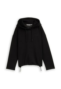 Zwarte hoodie gemaakt van textuurstof. Heeft een capuchon met koord, lange mouwen en een gerimpelde zoom met verstelbare toggles.