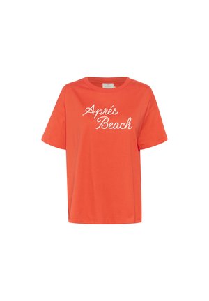T-shirt di cotone arancione con collo rotondo e maniche corte. Presenta sulla parte anteriore il testo in bianco "Après Beach". Texture liscia, vestibilità rilassata.