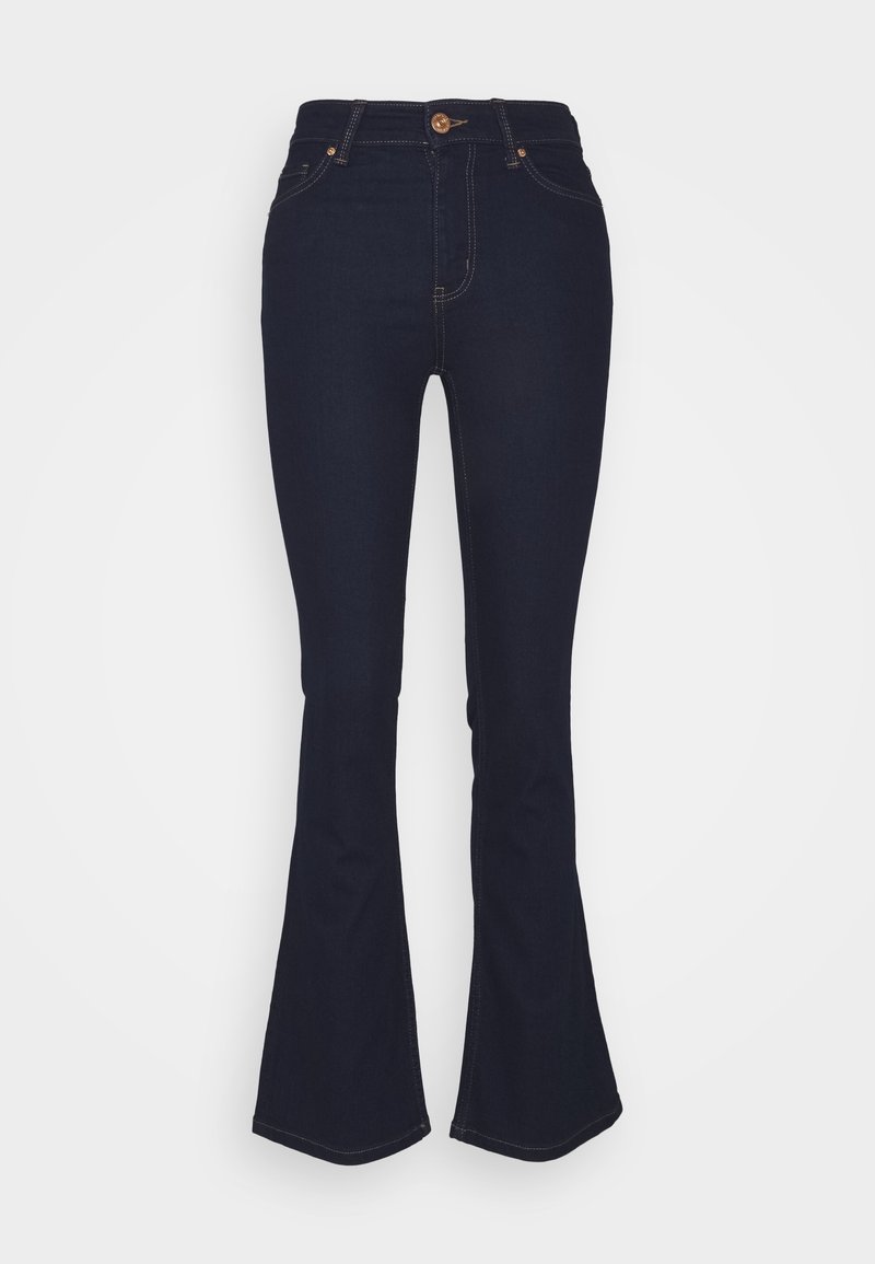 Jean taille haute bleu foncé avec jambes évasées, style cinq poches, et une fermeture avant à boutons et fermeture éclair.