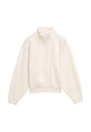 Veste blanche zippée avec un col montant, texture côtelée, épaules tombantes et poignets et ourlet élastiques. Design simple et minimaliste.