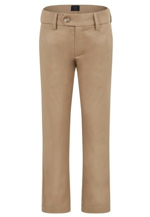 Beżowe spodnie o prostym kroju, wykonane z gładkiego materiału, z zapięciem na guziki z przodu i szlufkami na pasek. Gładki design bez wzorów.