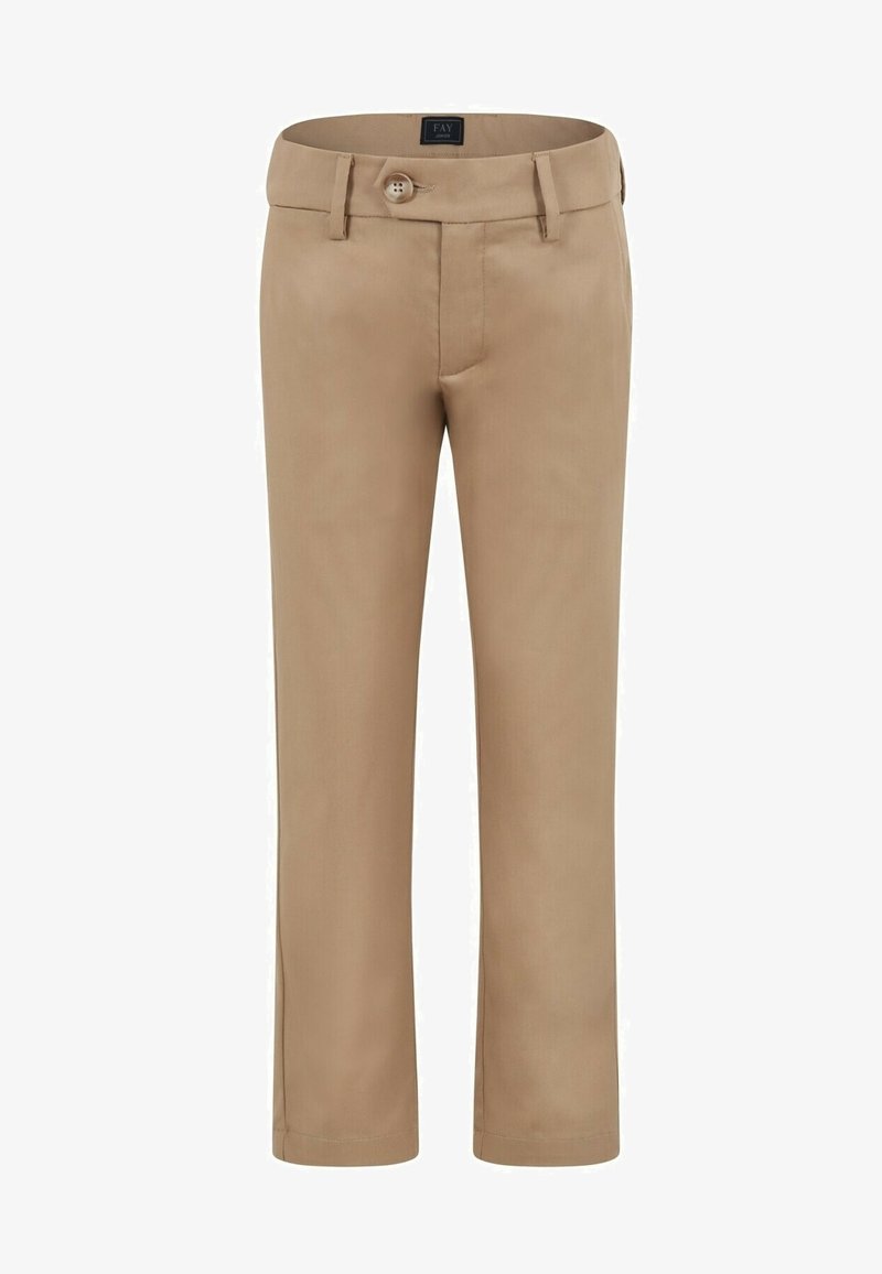 Pantalon beige à coupe droite, fabriqué en tissu lisse, doté d'une fermeture à boutons à l'avant et de passants de ceinture. Design uni sans motifs.