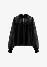 Blusa negra transparente con cuello alto con volantes, textura de lunares, detalles de encaje en el busto y mangas largas abullonadas con puños fruncidos.