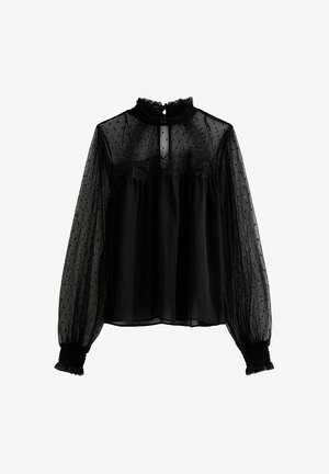 Zwarte doorzichtige blouse met een hoge gerimpelde kraag, een polkadot-textuur, kantdetails bij de buste en lange pofmouwen met gerimpelde manchetten.