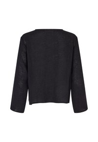 Zwarte trui met lange mouwen, een boxy model en een getextureerd gebreid ontwerp. Voorzien van een brede halslijn met een open achterkant detail.