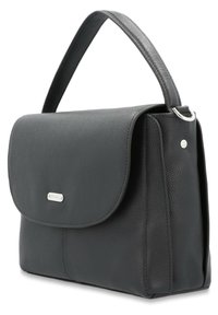 Gray leather handbag with a textured finish, flap closure, and a single top handle. Features silver hardware accents and rounded corners.