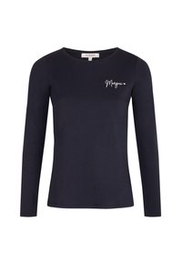 Marineblaues Langarmshirt aus Baumwollmischung mit Rundhalsausschnitt, das ein weißes Schriftzug-Logo "Megan" auf der linken Brustseite zeigt.