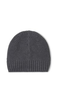 Grå strikket beanie-hat med lodret ribbete struktur, en strækbar tekstur og en let afdæmpet top for en tæt pasform.
