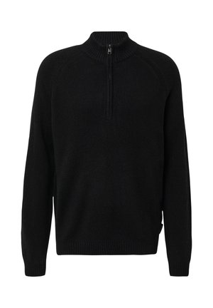 Schwarzer Pullover mit hohem Kragen und Viertelreißverschluss. Merkmale sind gerippte Bündchen und Saum, hergestellt aus einem strukturierten Strickmaterial.