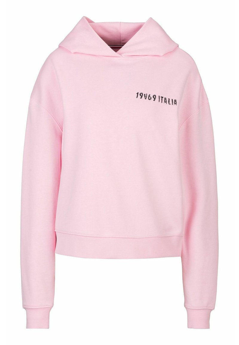 Rosa Baumwollkapuzenpullover mit kurzem Schnitt, vorderer Kängurutasche und besticktem Text "1969 ITALIA" auf der linken Seite. Weicher Stoff.