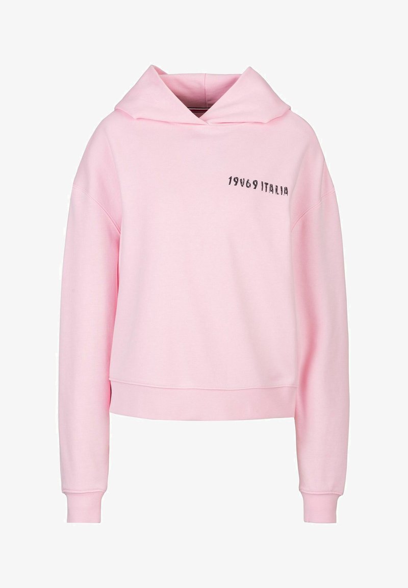 Rosa Baumwollkapuzenpullover mit kurzem Schnitt, vorderer Kängurutasche und besticktem Text "1969 ITALIA" auf der linken Seite. Weicher Stoff.