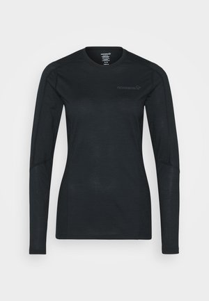 Chemise à manches longues noire en matériau texturé, avec un col rond et un logo sur le devant. Cintrée à la taille pour un look ajusté.
