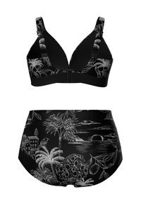 Black bikini set with white detailed tropical and coastal landscape patterns, including palm trees, birds, buildings, and a sunset over water.
