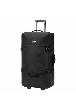 Bolsa de deporte negra con ruedas, asa telescópica, asas laterales y frontales para llevar, correas de compresión y logo de la marca en el panel frontal.