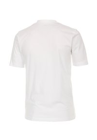 T-shirt bianca a maniche corte in cotone, con colletto rotondo e una texture liscia. Senza loghi o motivi visibili. Vista posteriore mostrata.