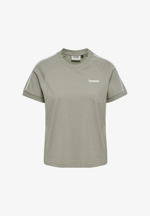 Lysegrå kortærmet T-shirt med rund hals, hvid stribe på ærmerne og lille hvid "hummel"-logo på venstre bryst.