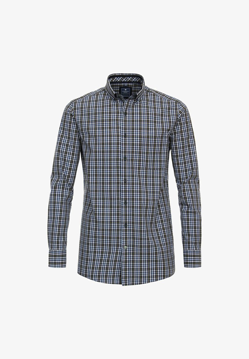 Langarmhemd im karierter Muster in Blau, Braun und Weiß. Mit Button-Down-Kragen und einer Brusttasche. Hergestellt aus gewobenem Stoff.