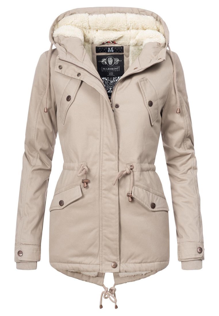 Beige parka with a fur-lined hood, adjustable drawstrings at waist and hem, four front pockets, and ribbed cuffs. Features brown hardware accents.