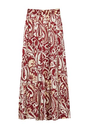 Gonna lunga con grandi motivi floreali e paisley in rosso e beige e vita elasticizzata.
