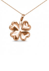Roze goud hanger in de vorm van een klavertje vier met afgeronde, hartvormige blaadjes; gladde, glanzende afwerking; bevestigd aan een delicate ketting.