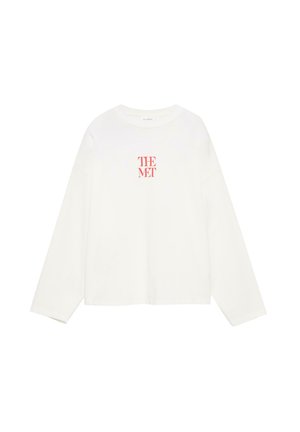 Maglietta bianca a maniche lunghe con scollo rotondo e testo rosso "THE MET" centrato sulla parte anteriore.