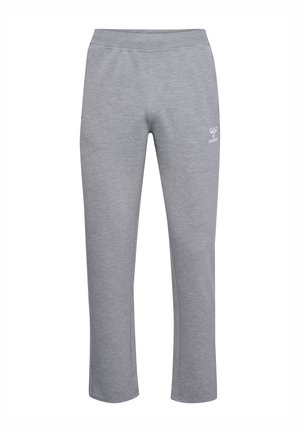 Szare dresowe spodnie o prostych nogawkach, z elastycznym pasem i małym białym logo hummel na górnej części lewej uda.