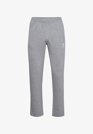 Szare dresowe spodnie o prostych nogawkach, z elastycznym pasem i małym białym logo hummel na górnej części lewej uda.