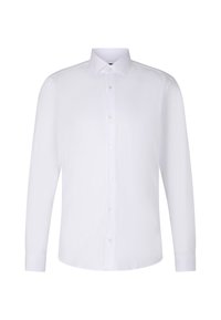Witte lange mouwen dress shirt met een puntige kraag en een knoopsluiting aan de voorkant, weergegeven op een effen witte achtergrond.