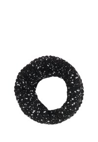 Chouchou en tissu noir avec une finition texturée, orné d'accents argentés. Forme circulaire, matériau doux pour plus de flexibilité.