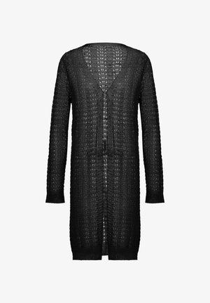 Sort strikket cardigan med V-hals, lange ærmer og åben front. Den har et struktureret mønster og ribbede manchetter for ekstra detalje.