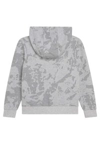 Šedá mikina s texturovaným maskáčovým vzorem, vybavená šňůrkovou kapucí a žebrovanými manžetami a lemem. Měkká tkanina s uvolněným střihem.