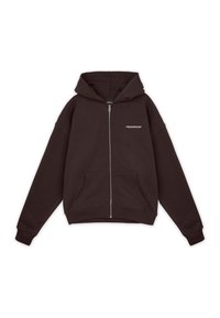 Felpa con zip di colore marrone scuro, realizzata in tessuto morbido, caratterizzata da una tasca frontale e un logo ricamato sul petto. Cappuccio con cordino regolabile.
