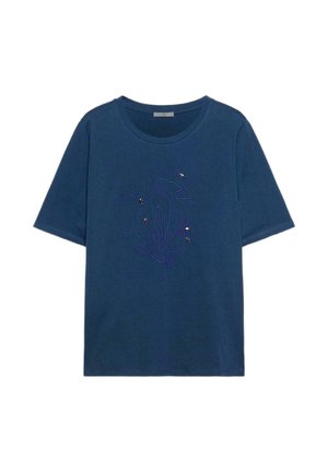 Marineblå kortærmet t-shirt med rund hals og broderet blomstermotiv med små perledetaljer midt på forsiden.