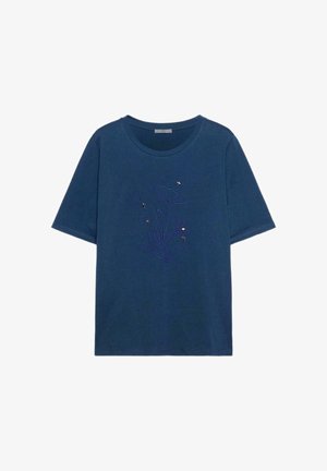Laivastonsininen lyhythihainen T-paita, jossa on pyöreä kaula-aukko ja edessä keskellä kirjailtu kukkakuosi, jossa on pieniä helmiä koristeena.