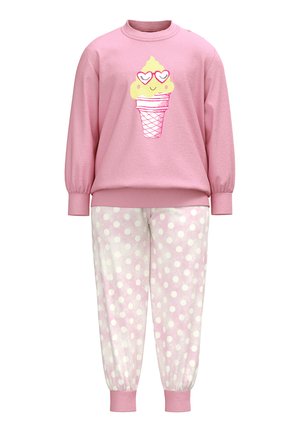 Rosa Sweatshirt mit einem Eiscreme-Graphic, kombiniert mit hellrosa Sweatpants mit Punkten. Hergestellt aus weichem Stoff, mit gerippten Bündchen.