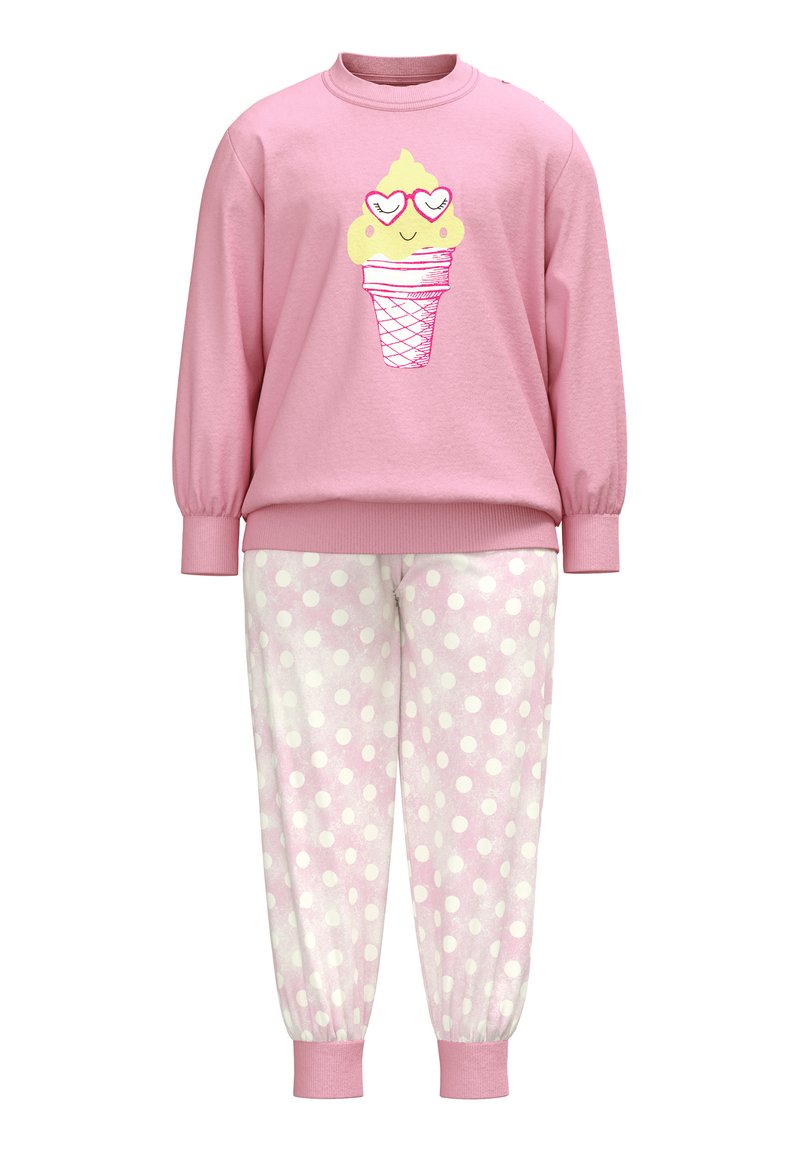 Roze sweatshirt met een ijsje graphic, gecombineerd met lichtroze sweatpants met stippen. Gemaakt van zachte stof, met ribbels aan de manchetten.