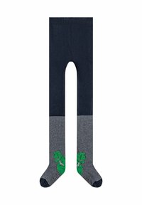 Marineblaue Strumpfhosen mit grauem Streifenmuster; strukturiert, verziert mit einem grünen Dinosaurier-Motiv auf den Socken. Insgesamt glattes Material.