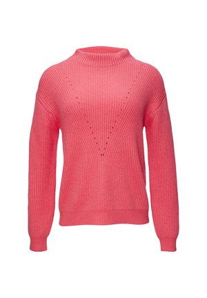 Pull en maille rose avec un col haut, texture côtelée, coupe ample et un design en V sur le devant. Manches longues et sans fermetures.