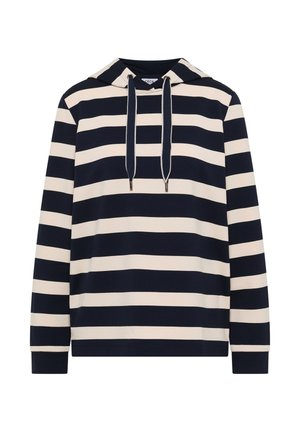 Marineblauw en crème gestreepte hoodie van zachte stof, voorzien van een capuchon met trekkoord en lange mouwen. Regular fit met geribde mouwboorden.