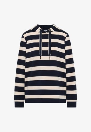 Marineblauw en crème gestreepte hoodie van zachte stof, voorzien van een capuchon met trekkoord en lange mouwen. Regular fit met geribde mouwboorden.