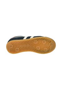 Navy sneaker sole with a herringbone pattern, featuring beige rubber, six circular pads, and white striping along the upper edge.