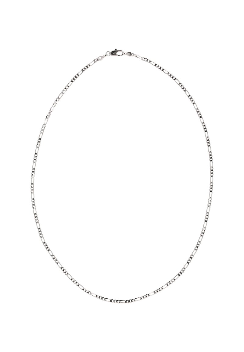 Sølv kæde med et skiftende mønster af langstrakte og runde led, med en låsede lukning. Glat overflade med poleret finish.