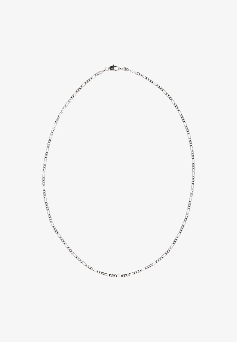 Sølv kæde med et skiftende mønster af langstrakte og runde led, med en låsede lukning. Glat overflade med poleret finish.