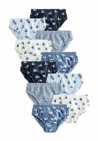 Ensemble de dix culottes pour enfants dans différentes nuances de bleu et de blanc, avec des motifs de camions et des rayures. Tissu doux et extensible avec des ceintures élastiques.