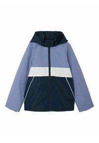 Färgblockerad jacka med ljuslila och marinblå paneler, framsidan har dragkedja och huva. Tillverkad av slätt, vattenavvisande tyg.