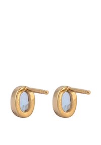 Boucles d'oreilles en or avec une forme ovale lisse, ornées d'une pierre précieuse facettée bleu clair et d'un fermoir décoratif. Design minimaliste et finition polie.