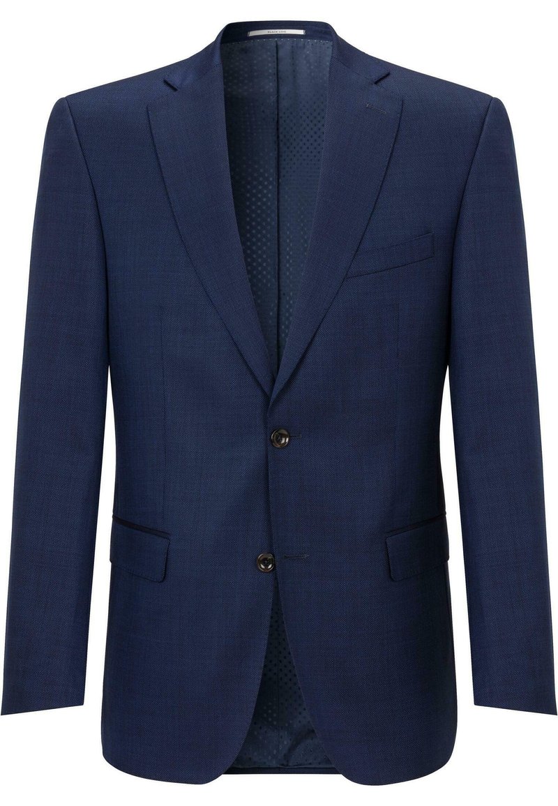 Navy blazer made of woven fabric with a textured finish, featuring two front pockets, a single button closure, and a patterned inner lining.