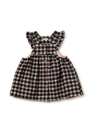 Vestito per bambino piccolo a quadretti neri e beige con maniche a volant e bottoni di legno sul davanti, senza maniche con lati elasticizzati.